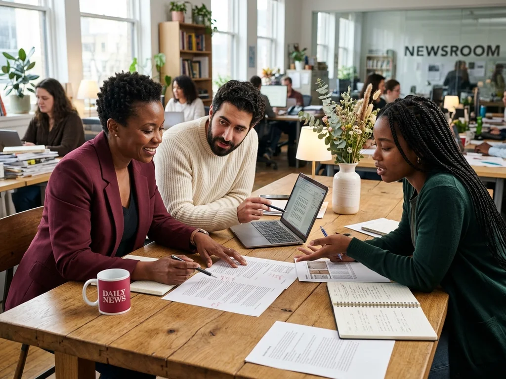 Une équipe de rédaction collabore autour d'une table avec carnets, café et ordinateur portable.