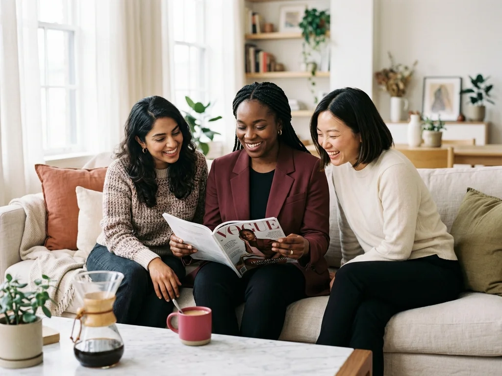 Femmes épanouies partageant un moment de convivialité et d'échange autour d'un magazine inspirant.