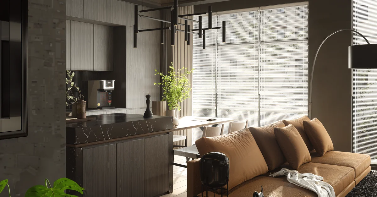 Salon contemporain avec mobilier élégant et lumière naturelle, idéal pour s'inspirer d'une décoration intérieure stylée.